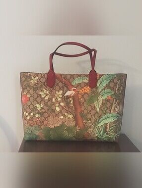 Gucci Floral Bird Canvas Tote Bag in Red Trim